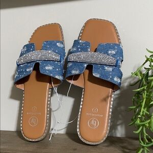 Chic Blue Denim Sandals with Tan Sole